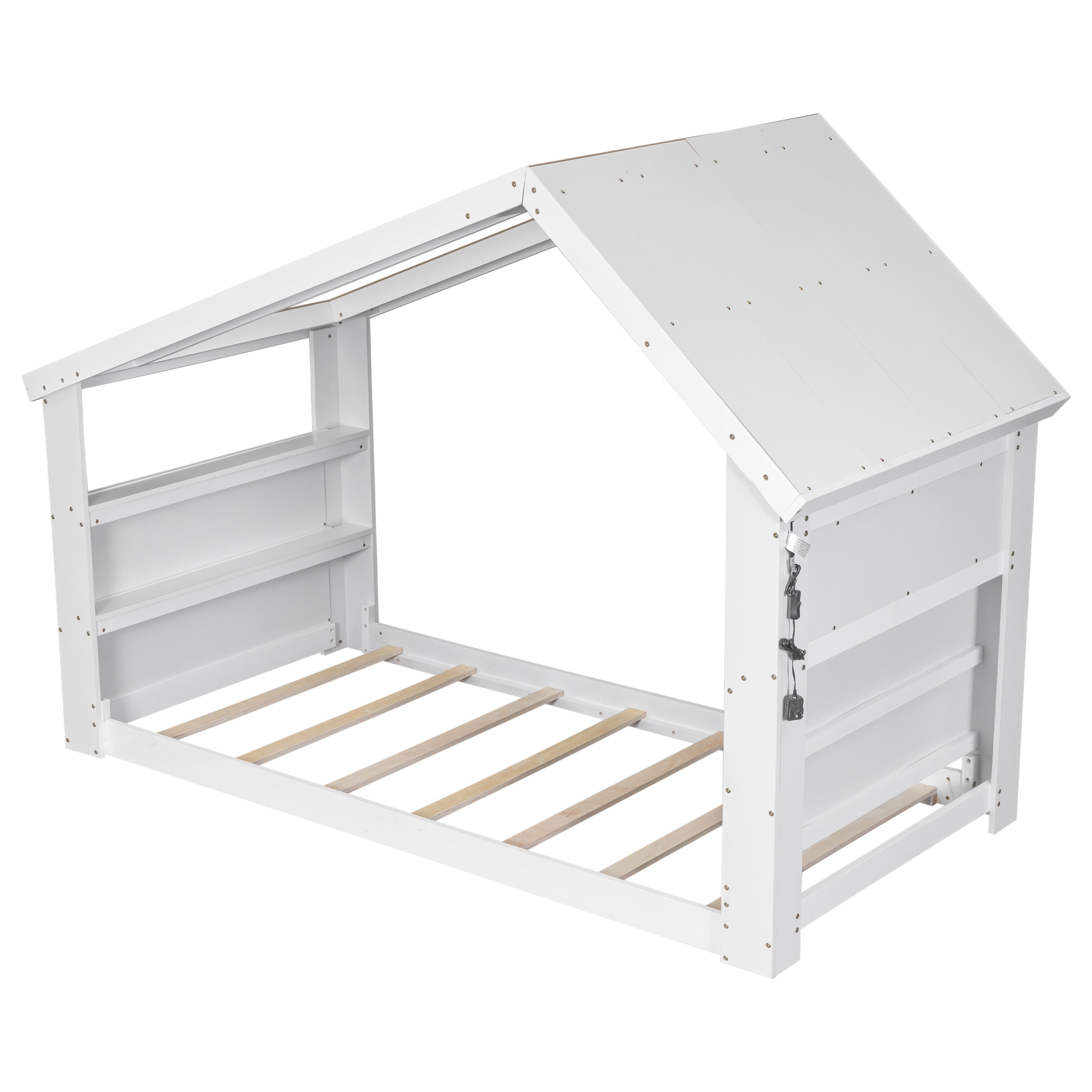 Twin House Floor Bed with Roof Window, LED Light,White