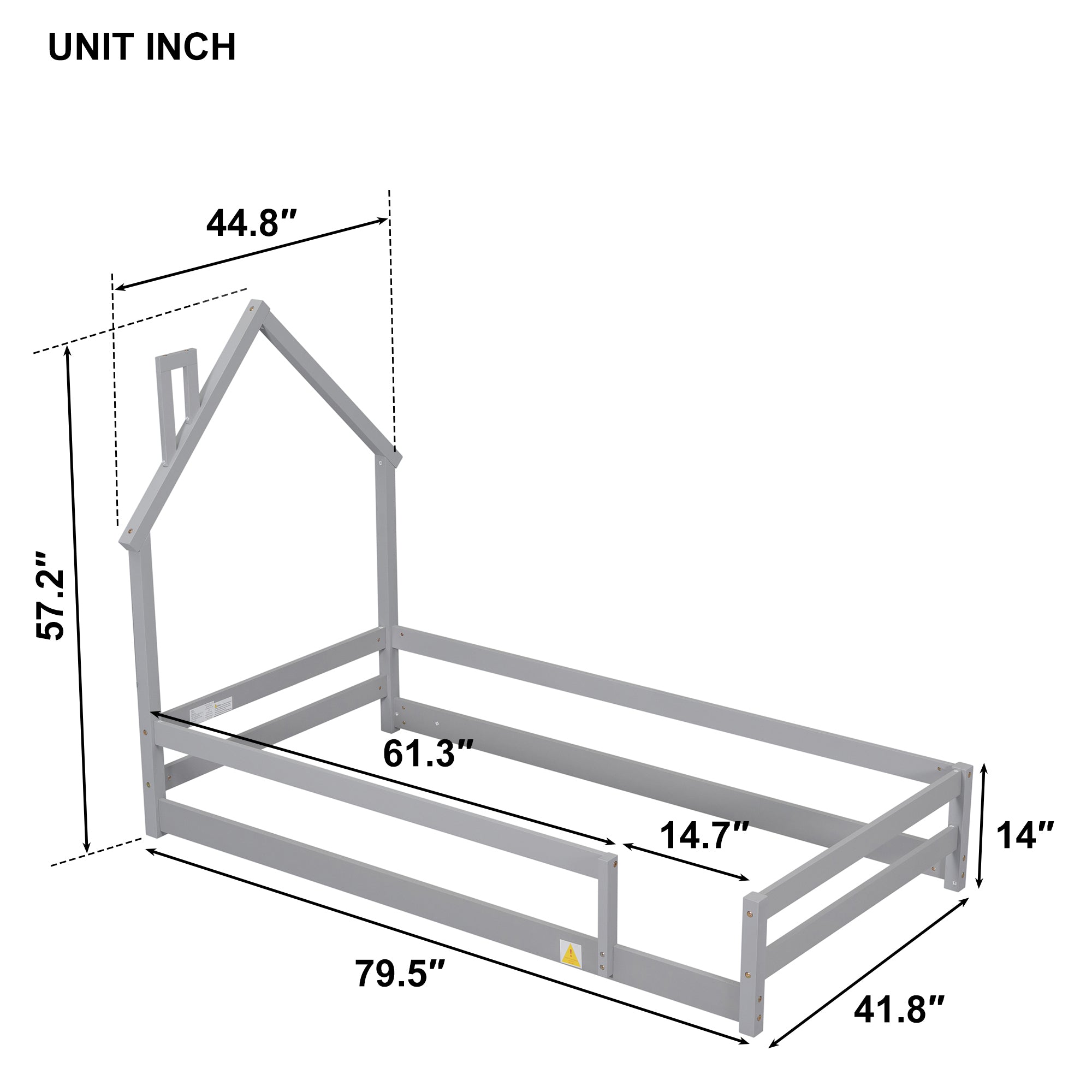 Twin Size Wood bed with House-shaped Headboard Floor bed with Fences,Grey