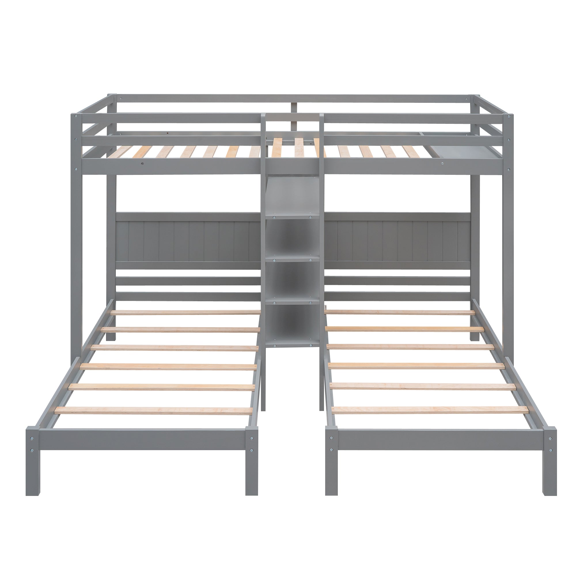 Twin XL over Twin&Twin Bunk Bed with Built-in Four Shelves and Ladder,Gray