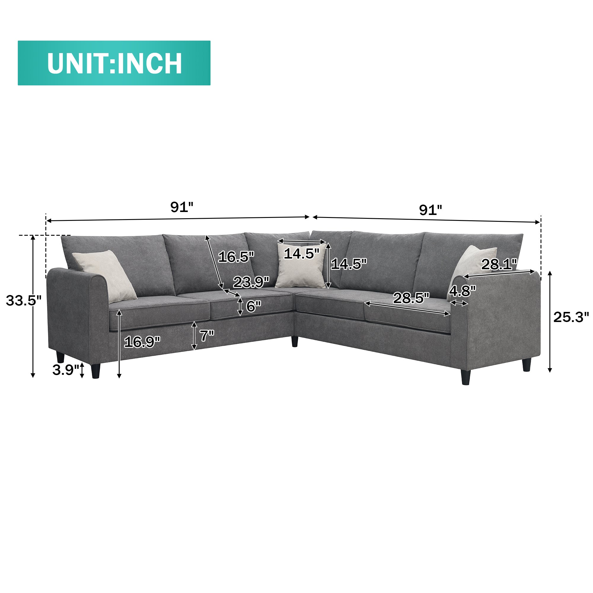 [VIDEO provided] [New] 91*91" Modern Upholstered Living Room Sectional Sofa, L Shape Furniture Couch with 3 Pillows