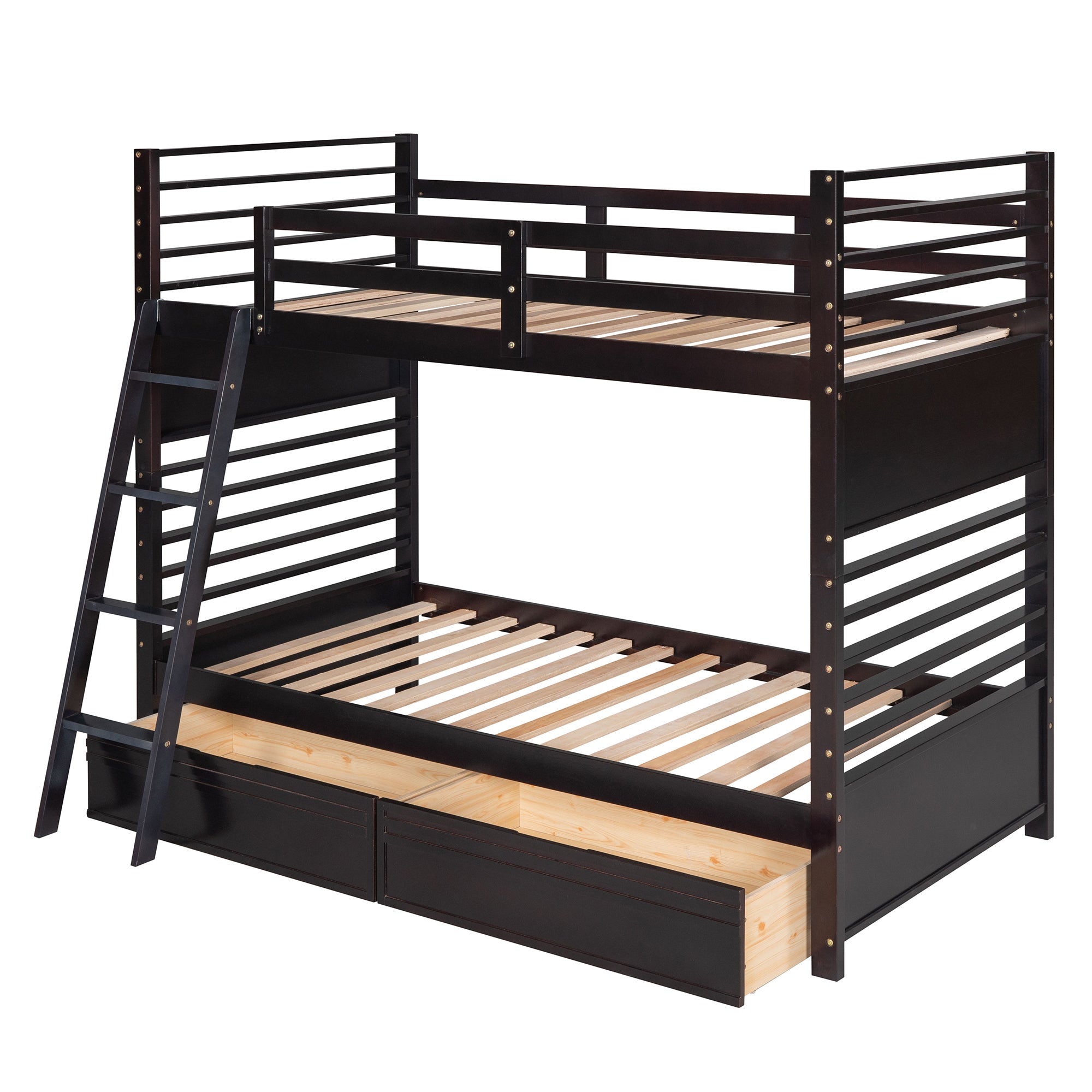 Twin over Twin Wood Bunk Bed with Two Drawers - Espresso·