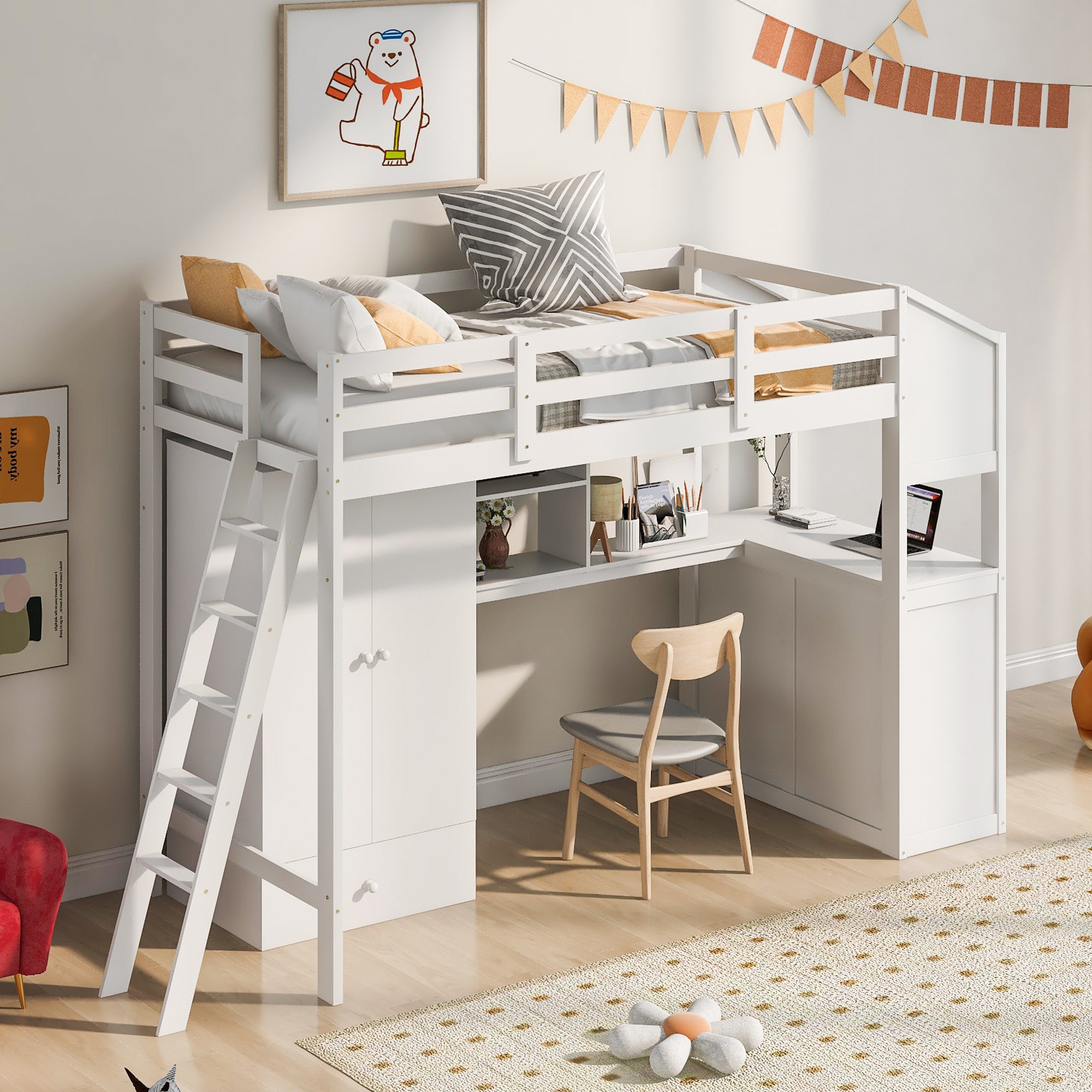 Twin Size Loft Bed with Wardrobe and Drawers, attached Desk with Shelves, White