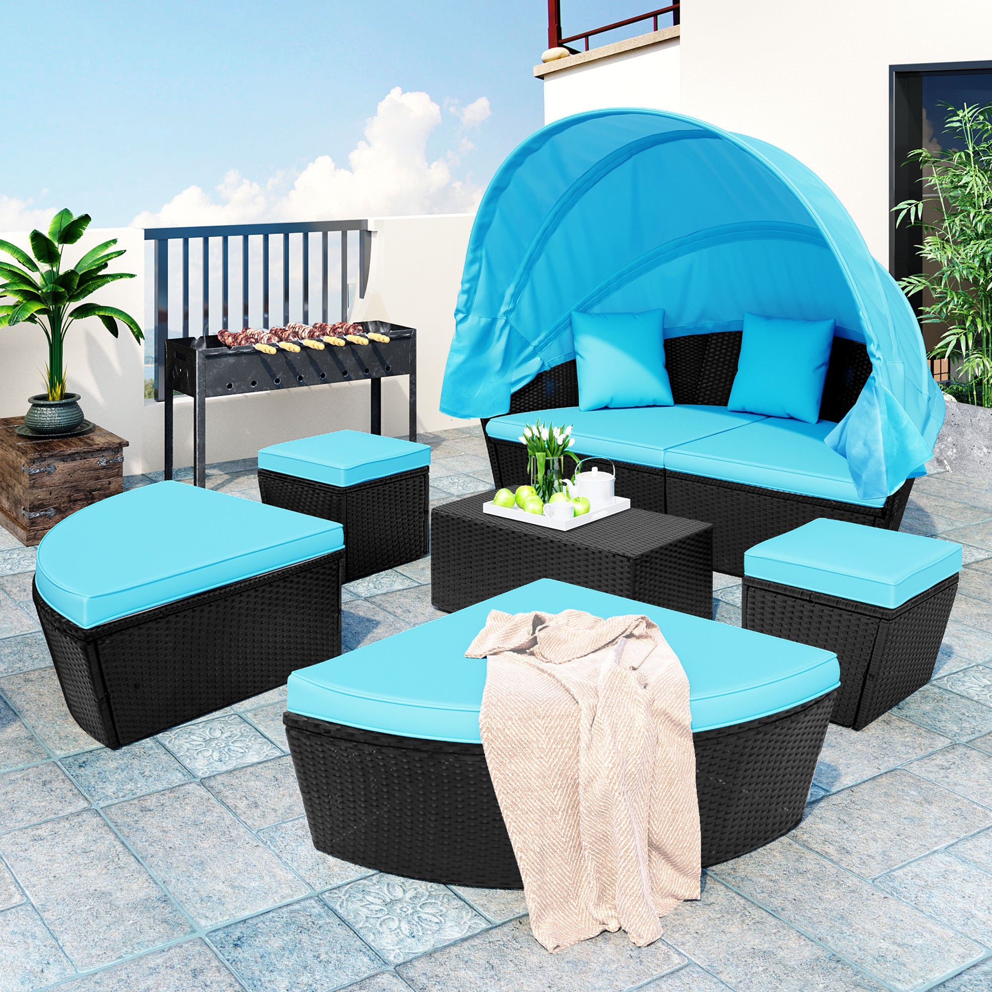 Outdoor rattan daybed sunbed with Retractable Canopy Wicker