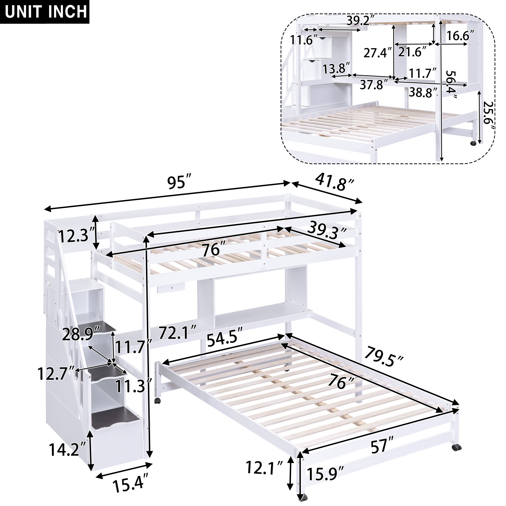 Twin over Full Bunk Bed with Storage Staircase, Desk, Shelves and Hanger for Clothes, White