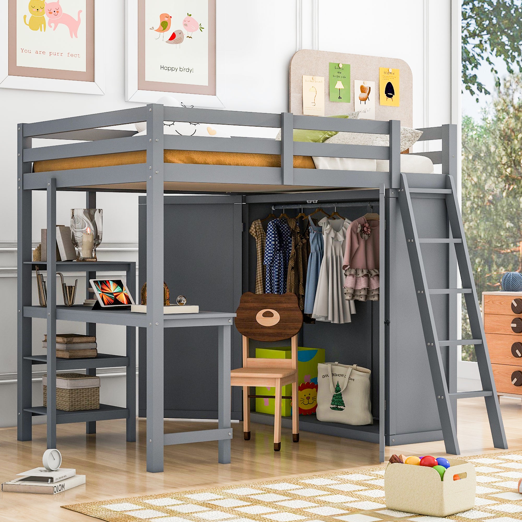 Full Size Loft Bed with Wardrobe and Desk and Shelves, Gray