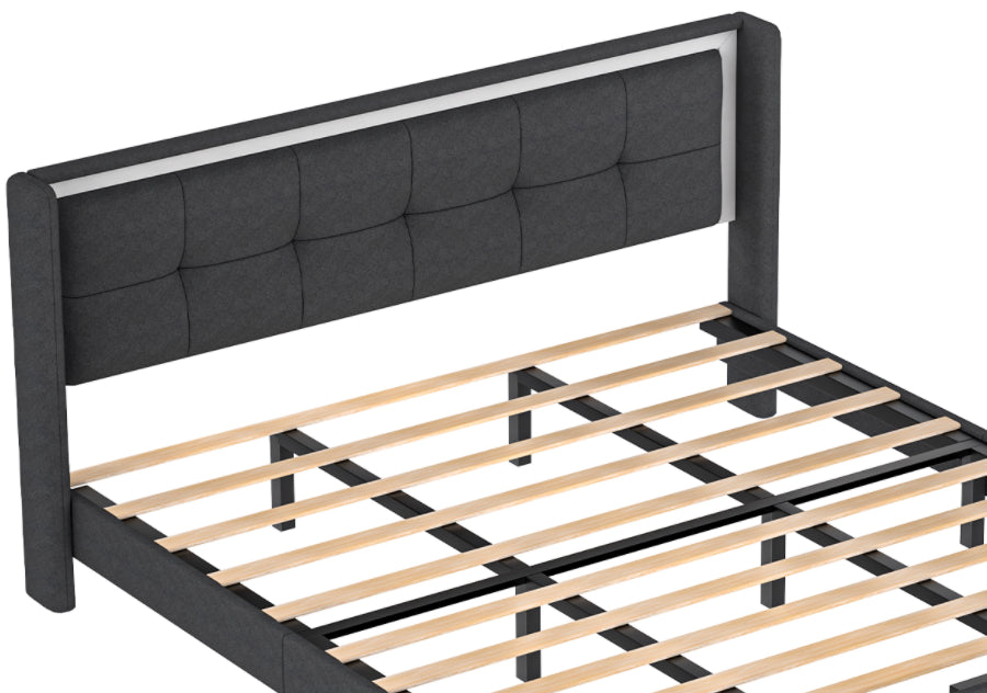 Queen Size Upholstered platform bed frame with headboard and sturdy wooden slats, high load-bearing capacity, non-slip and noiseless, no springs required, easy to assemble, dark gray bed