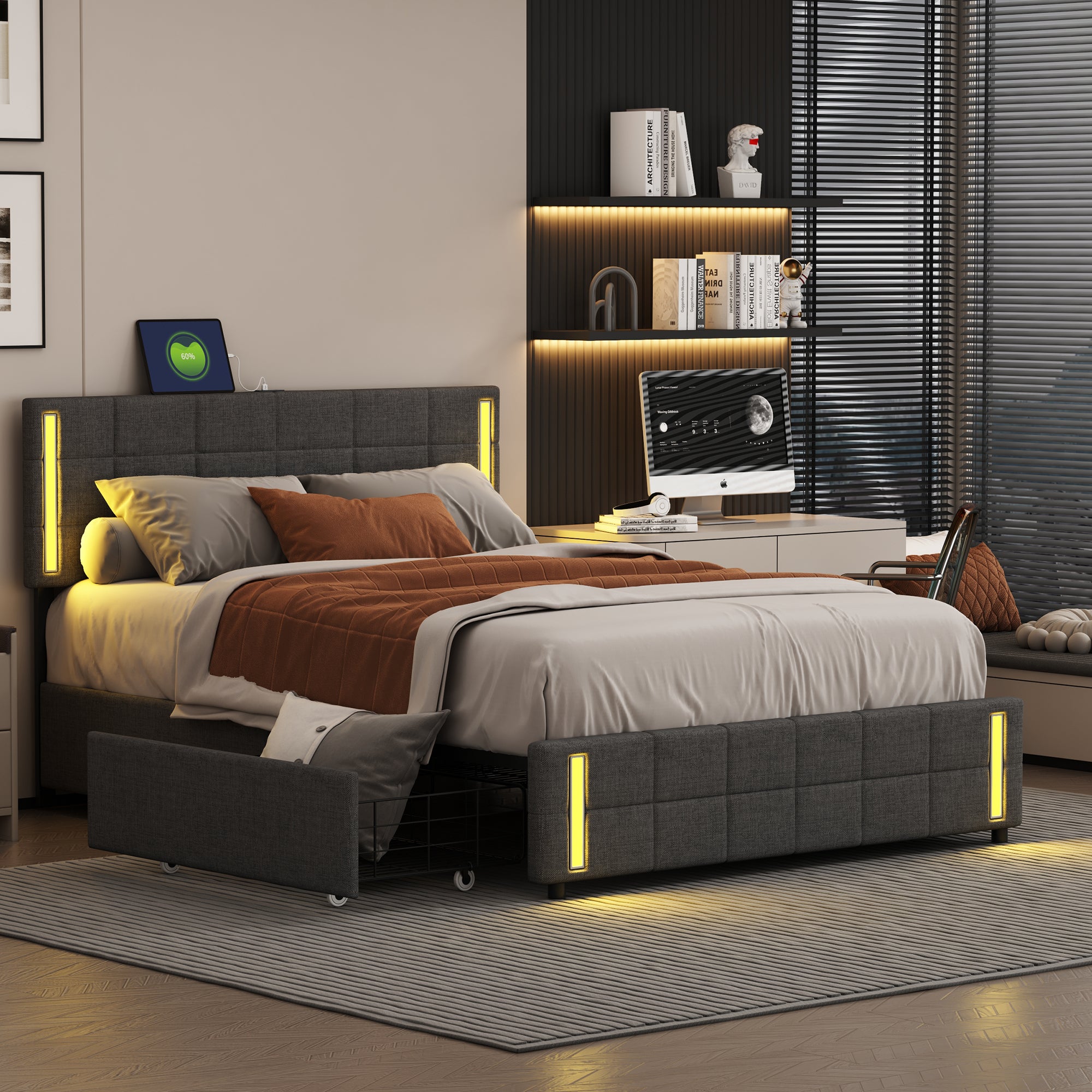 Queen Size Upholstered Platform Bed with LED Lights and USB Charging, Storage Bed with 4 Drawers, Dark Gray