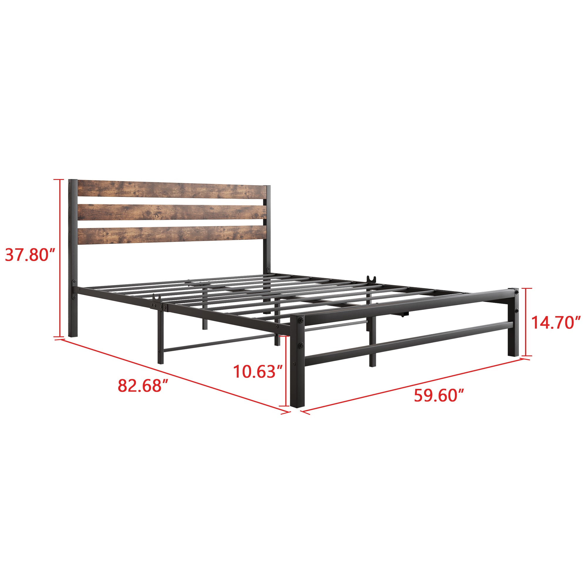 Platform Queen Size Bed Frame with Rustic Vintage Wood Headboard, Strong Metal Slats Support Mattress Foundation, No Box Spring Needed Rustic Brown