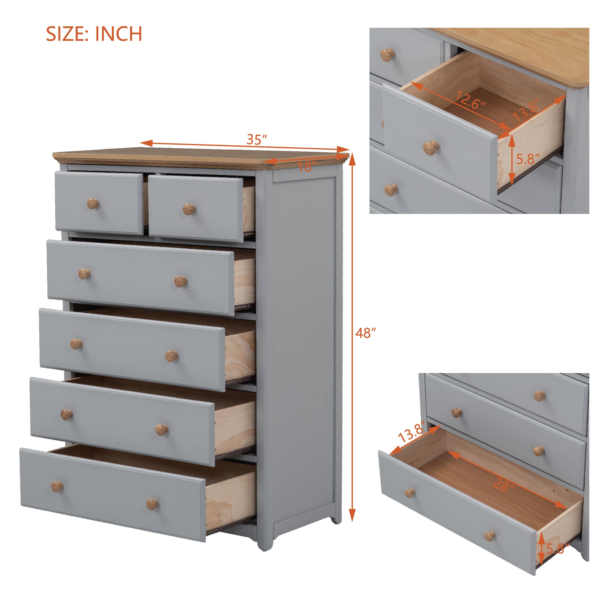 Rustic Wooden Chest with 6 Drawers,Storage Cabinet for Bedroom,Gray+Natrual