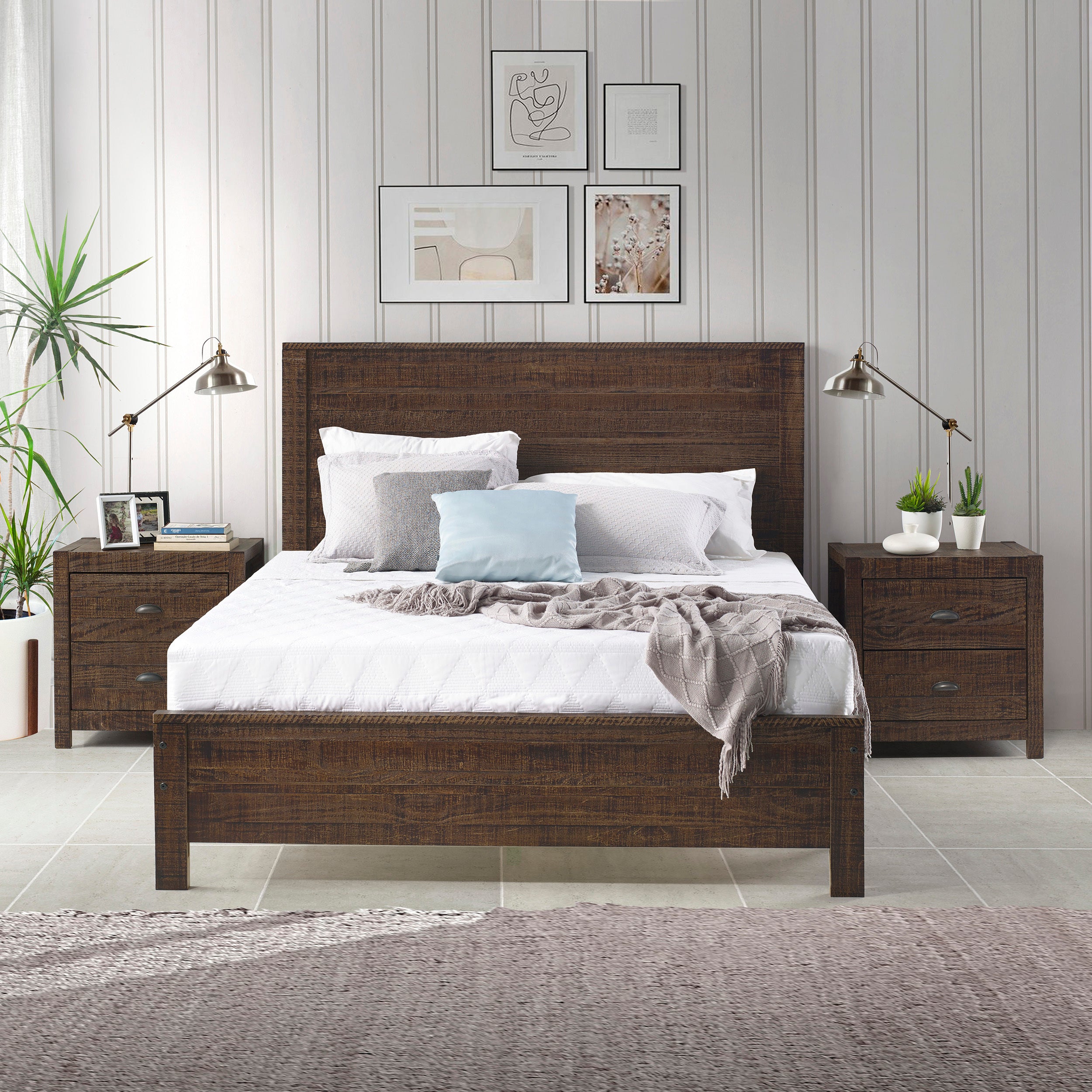 Yes4wood 3-Piece Bedroom Furniture Set, Solid Wood Albany Queen Size Bed Frame with Two 2-Drawer Nightstands, Expresso