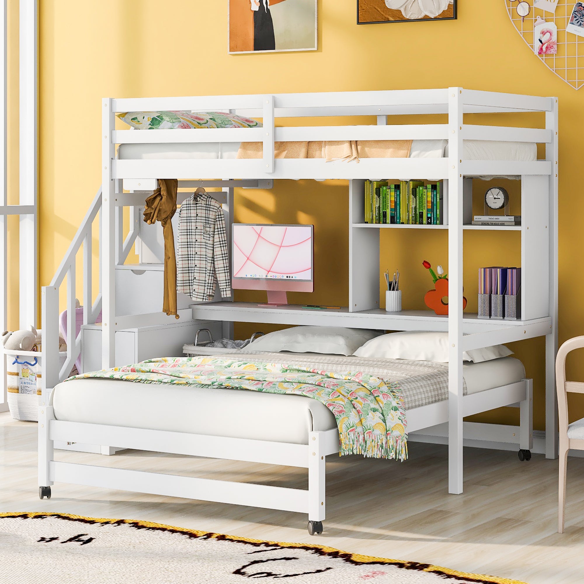 Twin over Full Bunk Bed with Storage Staircase, Desk, Shelves and Hanger for Clothes, White