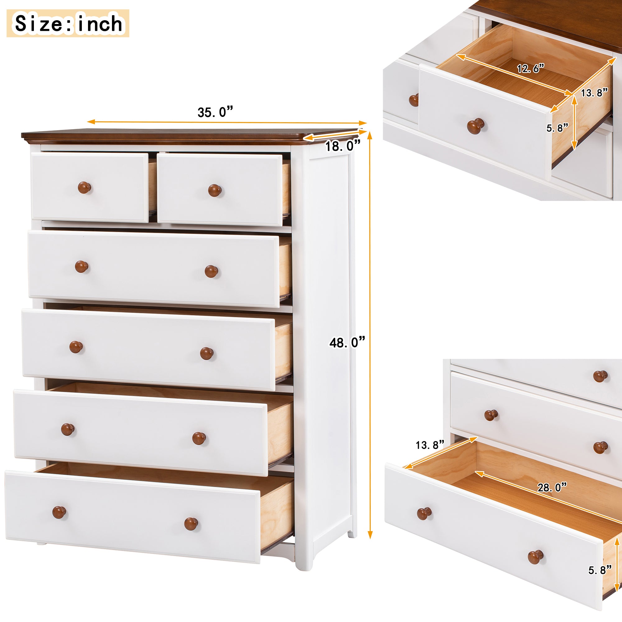 Rustic Wooden Chest with 6 Drawers,Storage Cabinet for Bedroom,White+Walnut