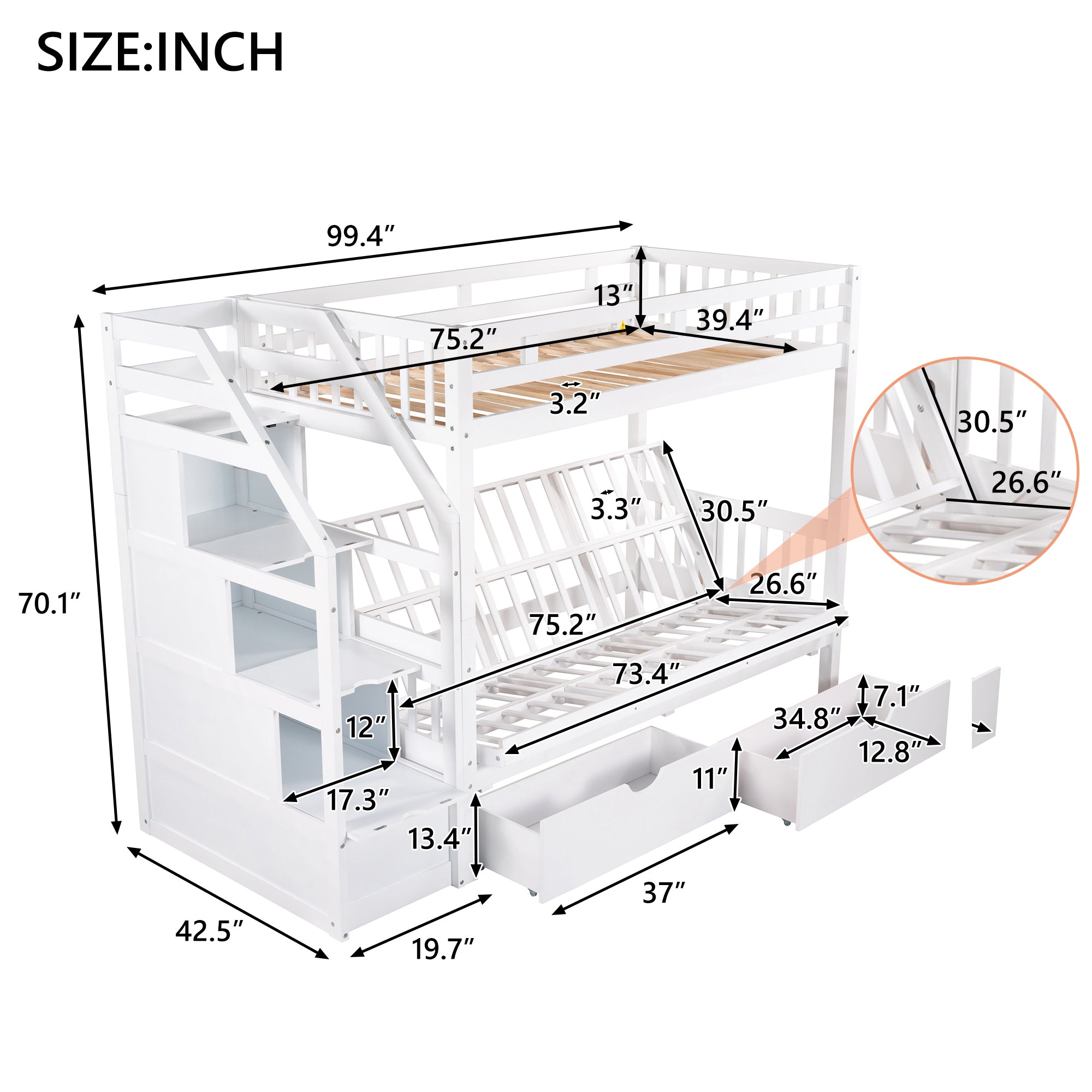 Twin over Full Bunk Bed with Two Drawers and Staircase, Down Bed can be Converted into Daybed,White